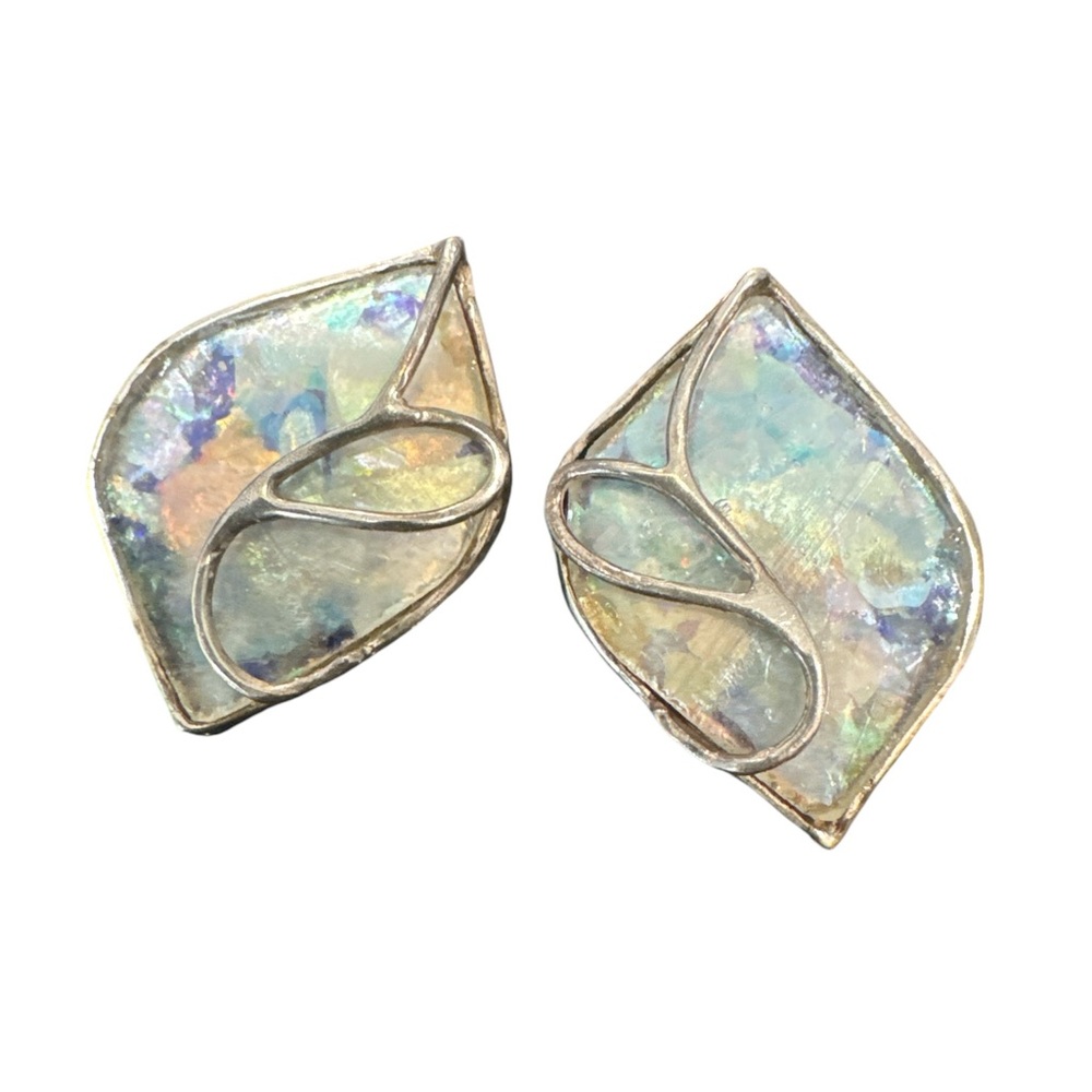 Vtg URI RAMOT Earrings ISRAEL 950 Silver Modernist Antique Roman Glass Clip on